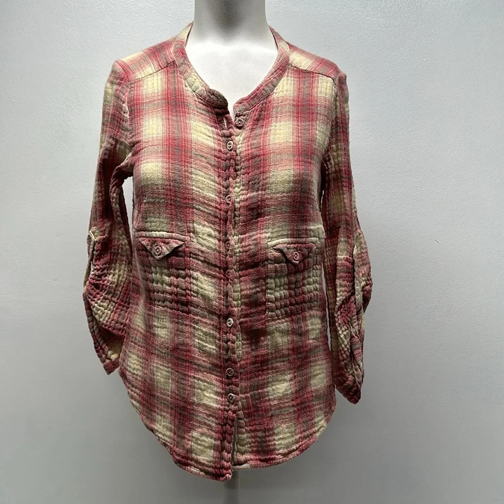 Iro Blouse Flannel Shirt Top Button Down Cotton Long Sleeve Plaid Pink Size US 2